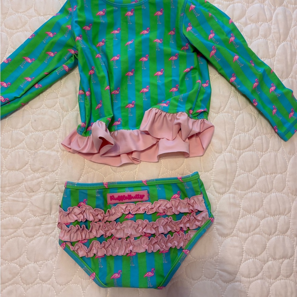 Ruffle Butts Girls’ Green & Pink Flamingo Ruffle Rashguard Set - Picture 2 of 2